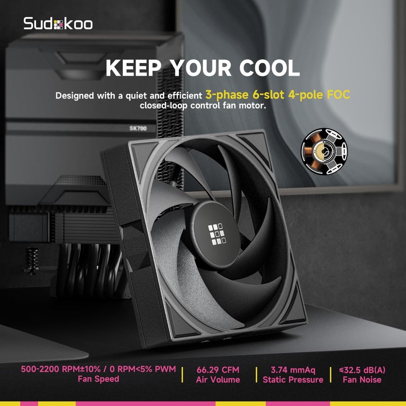 Sudokoo مبرد الهواء SK700 AM5: مبرد CPU بـ 7 أنابيب حرارية حصري لـ AM5 - برج واحد أسود لتبريد الكمبيوتر مع مروحة هادئة FDB PWM بحجم 120 مم وتركيب قفل L-Rail - Image 3